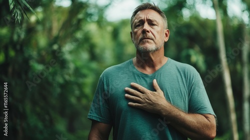 Man shows signs of distress and chest pain outdoors. Concept of cardiovascular problems, myocardial infarction.