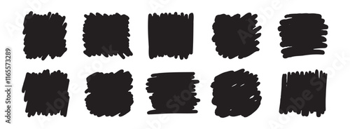 Abstract hand drawn scribble set art. Vector grunge brush square. Sketch graphic design isolated on white background.