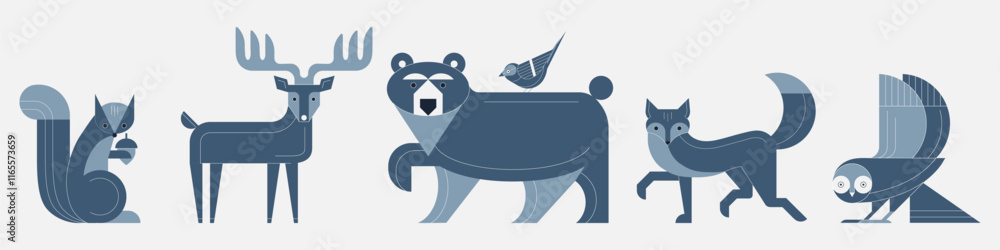 Wild Forest Animals and Geometric Birds Set