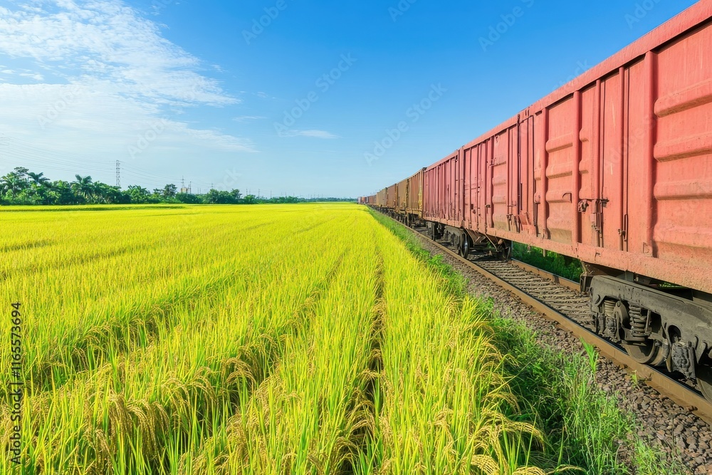 A Vibrant Train Moving Beside a Lush Paddy Field Under Clear Blue Sky with Midday Lighting Capturing Natural Beauty and Rural Scenery A Vibrant Train Moving Beside a Lush Paddy Field Under Clear Blue Sky with Midday Lighting Capturing Natural Beauty and Rural Scenery
