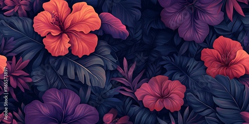 seamless tropical flower design in bold colors of pink, purple, and orange