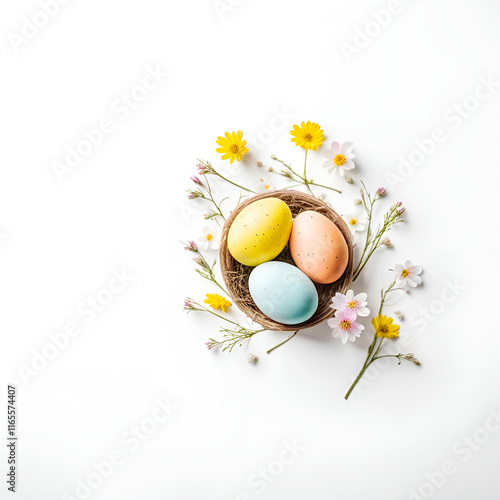 Cute easter eggs with flowers on white photo