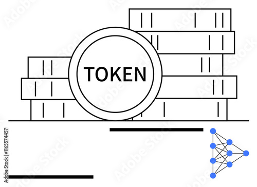 Circular token labeled TOKEN alongside stacked coins and a connected blockchain network diagram. Ideal for cryptocurrency, blockchain, finance, security, decentralization, fintech, abstract line flat