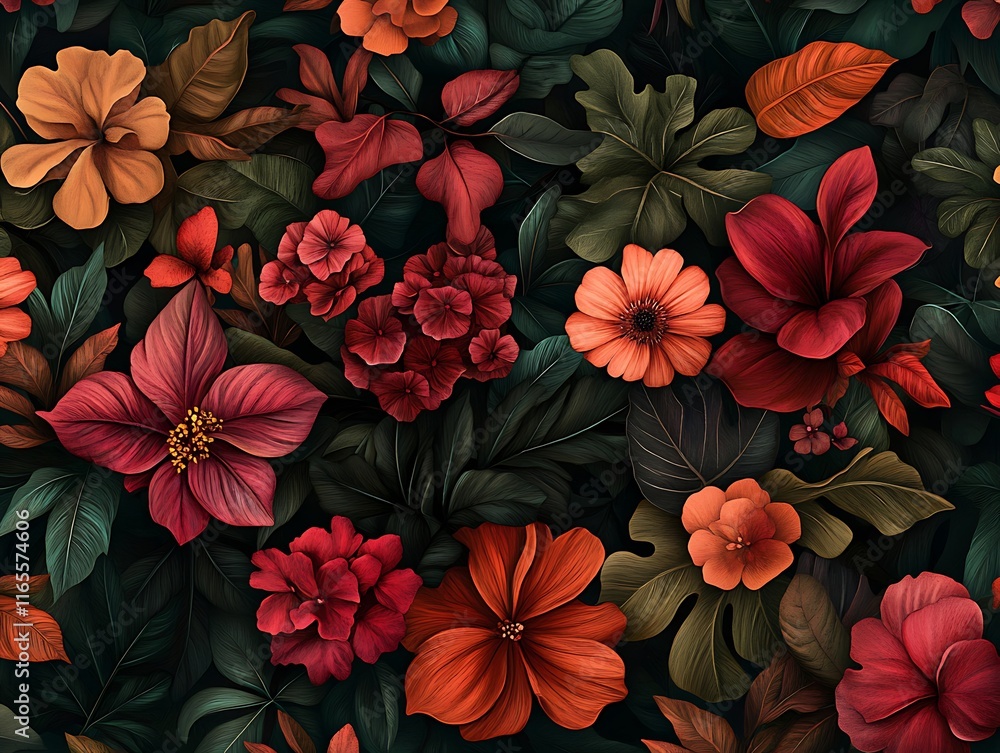 bold exotic flowers arranged in a repeating pattern with rich, contrasting colors bold exotic flowers arranged in a repeating pattern with rich, contrasting colors
