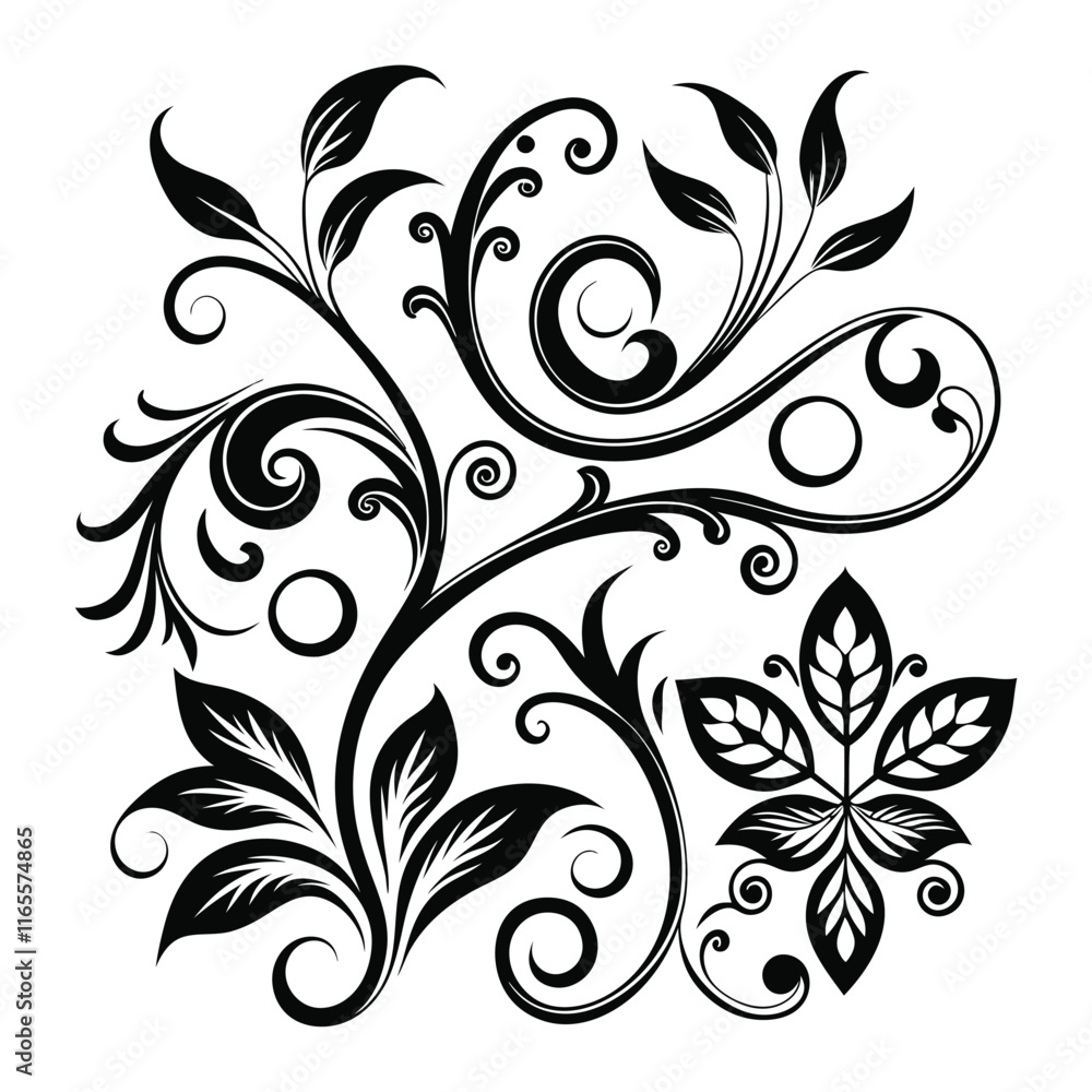Black and white floral abstract design with elegant swirls and intricate patterns Black and white floral abstract design with elegant swirls and intricate patterns
