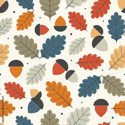 Autumn Oak Leaves and Acorns Modern Geometric Pattern