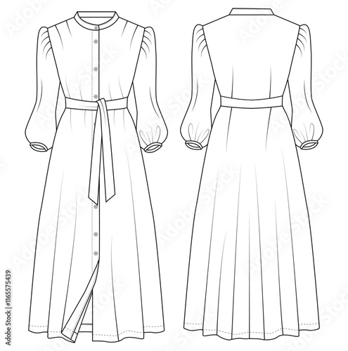 women long sleeve maxi Poet Sleeve dress design vector fashion flat sketch template