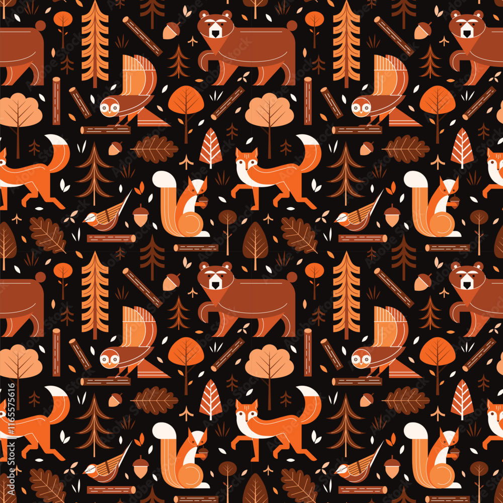 Woodland Animals and Birds in Nordic Forest Pattern