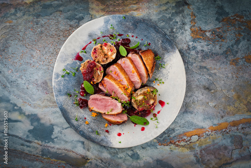Fotografie Roasted duck breast filet with homemade bread mushroom dumplings, orange topping
