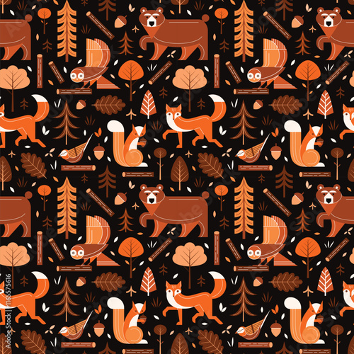 Obraz na płótnie Woodland Animals and Birds in Nordic Forest Pattern w salonie