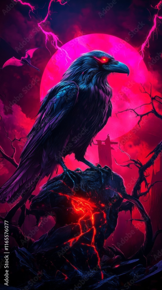 Fototapeta premium Crows, raven on a pink neon background. Postcard, cartoon with bird