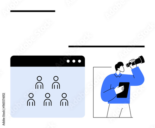 Professional analyzing people in talent pool through web interface with telescope and tablet. Ideal for recruitment, leadership, strategy, innovation, workforce planning, career growth, abstract line