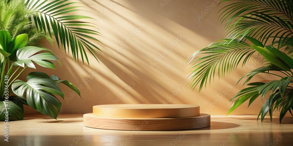 Two-Tiered Wooden Podium with Golden Accents Framed by Lush Greenery and Sunlight Streaming Through a Window Two-Tiered Wooden Podium with Golden Accents Framed by Lush Greenery and Sunlight Streaming Through a Window