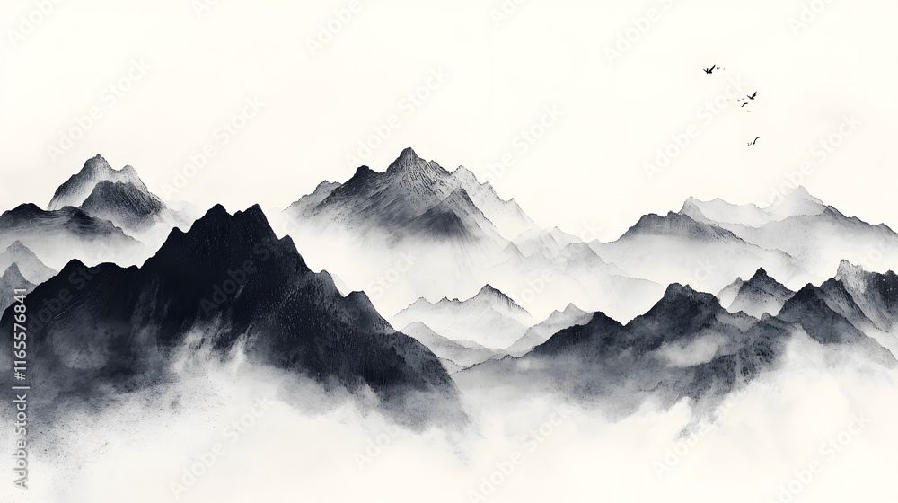 Ethereal Misty Mountain Landscape with Coniferous Forest Ethereal Misty Mountain Landscape with Coniferous Forest