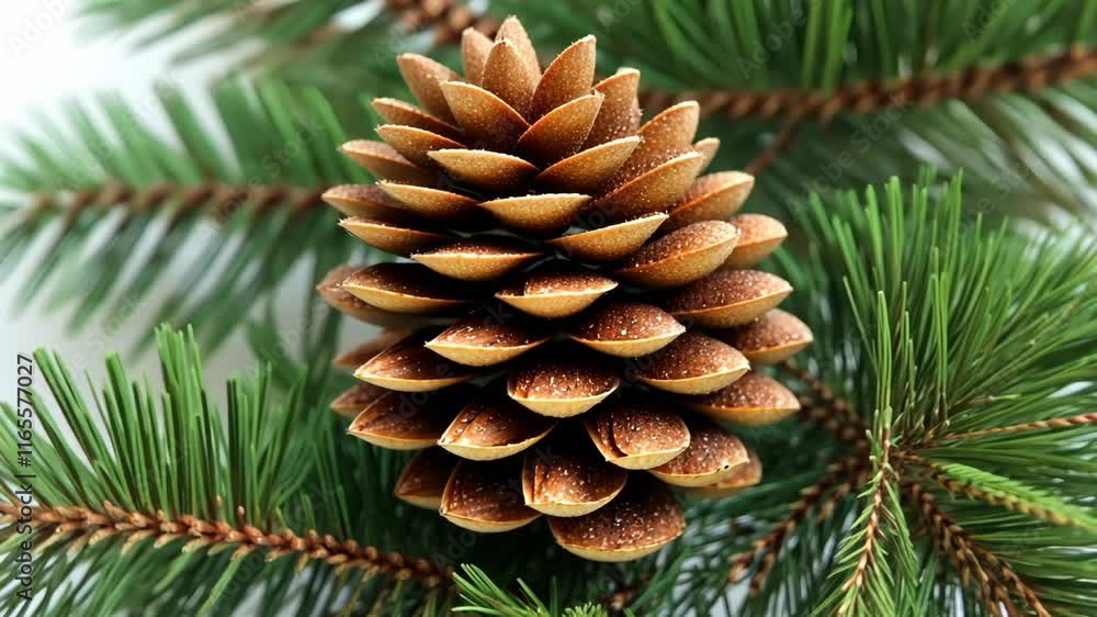 Pine cone resting on fresh green pine branches in a natural setting during daylight Pine cone resting on fresh green pine branches in a natural setting during daylight