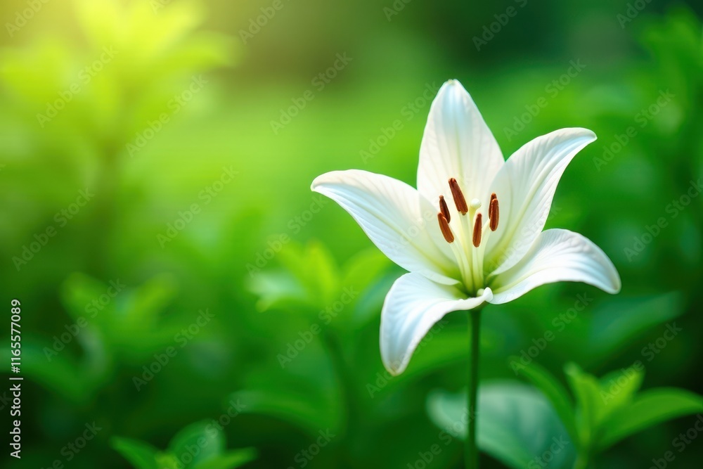 Obraz premium Elegant white lily blossom against vibrant green foliage, botanical, petal, leaf