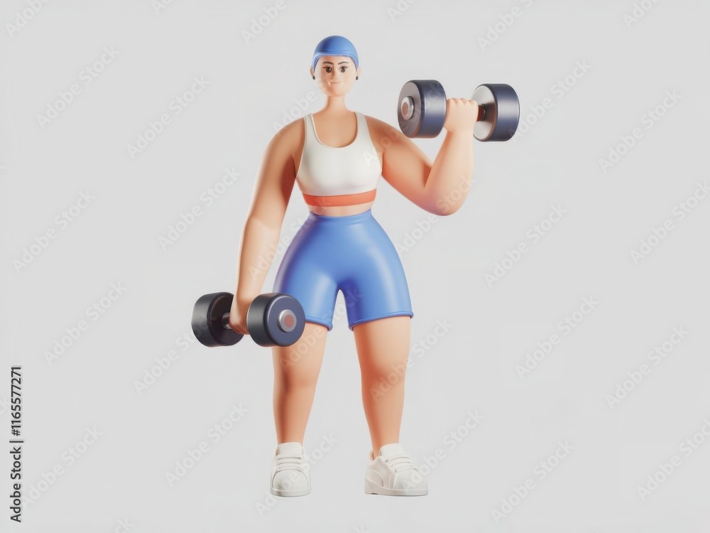Fototapeta premium 3D Female Athlete Lifting Dumbbells in Sportswear on Light Gray Background