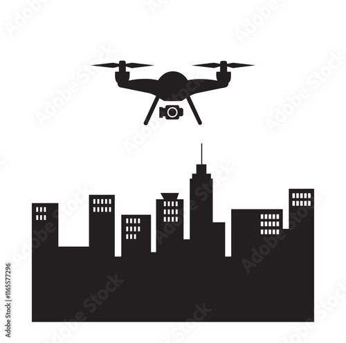 Drone over city skyline logo with customizable text for branding. Drone logo, Drone, Quadrocopter icon