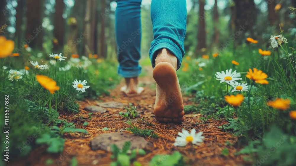 Tranquility, A tranquil image of a person walking barefoot through a serene forest, capturing the essence of nature and peaceful moments in a woodland setting. Tranquility, A tranquil image of a person walking barefoot through a serene forest, capturing the essence of nature and peaceful moments in a woodland setting.
