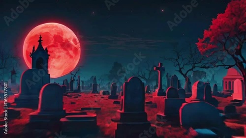 A graveyard blood-red moon, crooked gravestones, a mausoleum, ghostly apparitions floating tombs, 2d flat anime cartoon style, anime-style 4k lofi hip-hop bites landscape music animation video
