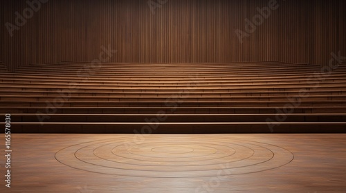 Wooden Auditorium Stage with Concentric Circles of Tonal Resonance and Copy Space photo