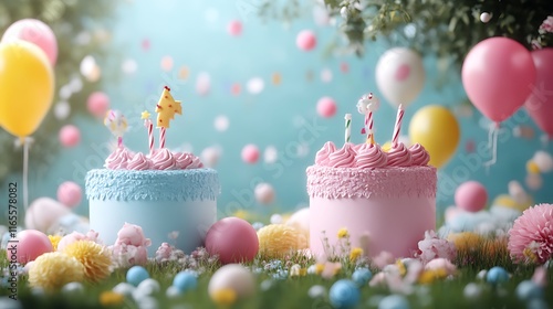 Two pastel smash cakes with balloons and confetti. photo