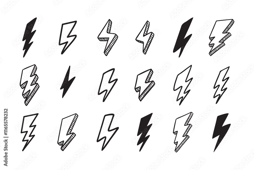 Hand drawn vector doodle electric lightning bolt set. Lightning symbol sketch symbol doodle icon. Hand drawn vector doodle electric lightning bolt set. Lightning symbol sketch symbol doodle icon.