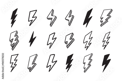 Hand drawn vector doodle electric lightning bolt set. Lightning symbol sketch symbol doodle icon.