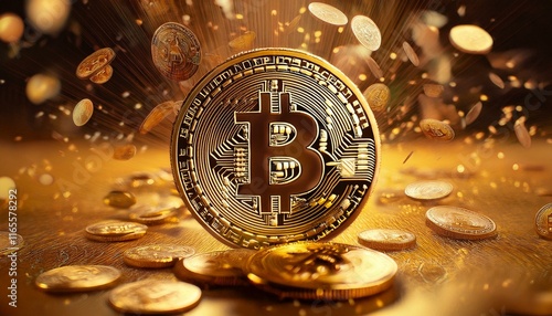 金色に輝くビットコインがたくさん降ってくる様子
。AIで生成
