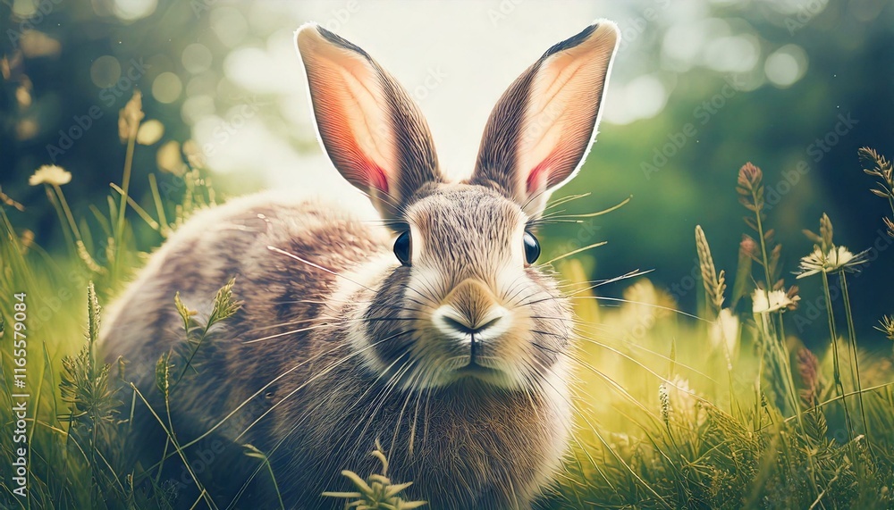 Fototapeta premium Królik na łące. Wielkanocne lub wiosenne tło