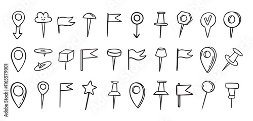 Pins hand drawn doodle set. Pin line drawing style for planner or map. Pins variable icons