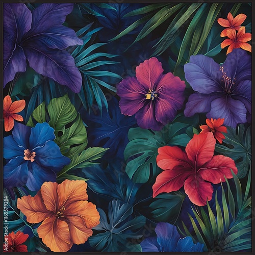 Wallpaper Mural Bright, vibrant tropical flowers with deep contrasting shades arranged in a pattern Torontodigital.ca