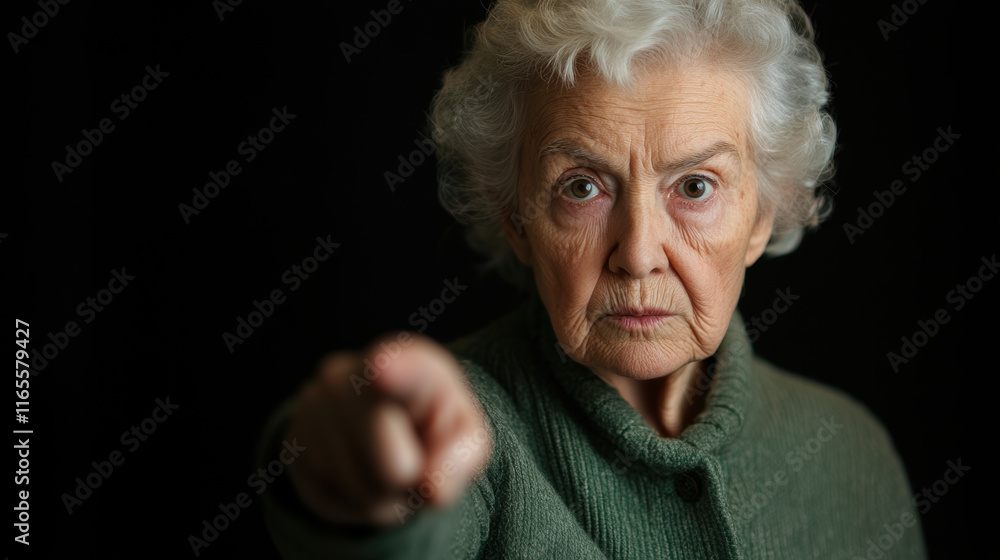 Determined elderly Caucasian woman pointing with assertiveness Determined elderly Caucasian woman pointing with assertiveness