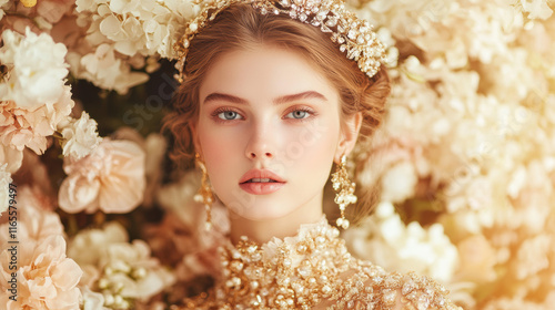 Ethereal beauty of a Caucasian young woman in golden floral surroundings