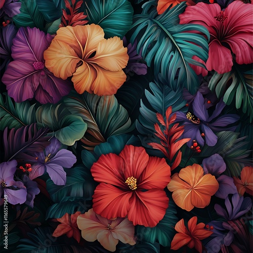 Wallpaper Mural Bright, vibrant tropical flowers with deep contrasting shades arranged in a pattern Torontodigital.ca