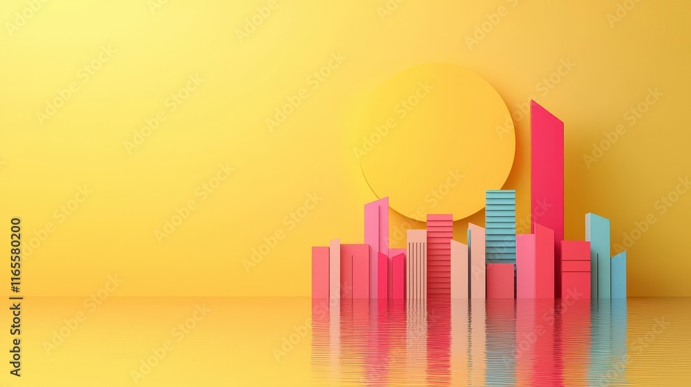 Fototapeta premium Vibrant geometric cityscape with pastel colors and sun against a bright yellow background