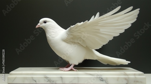 Minimalist thorny dove sculpture with elegantly spread wings displayed on a smooth marble base photo