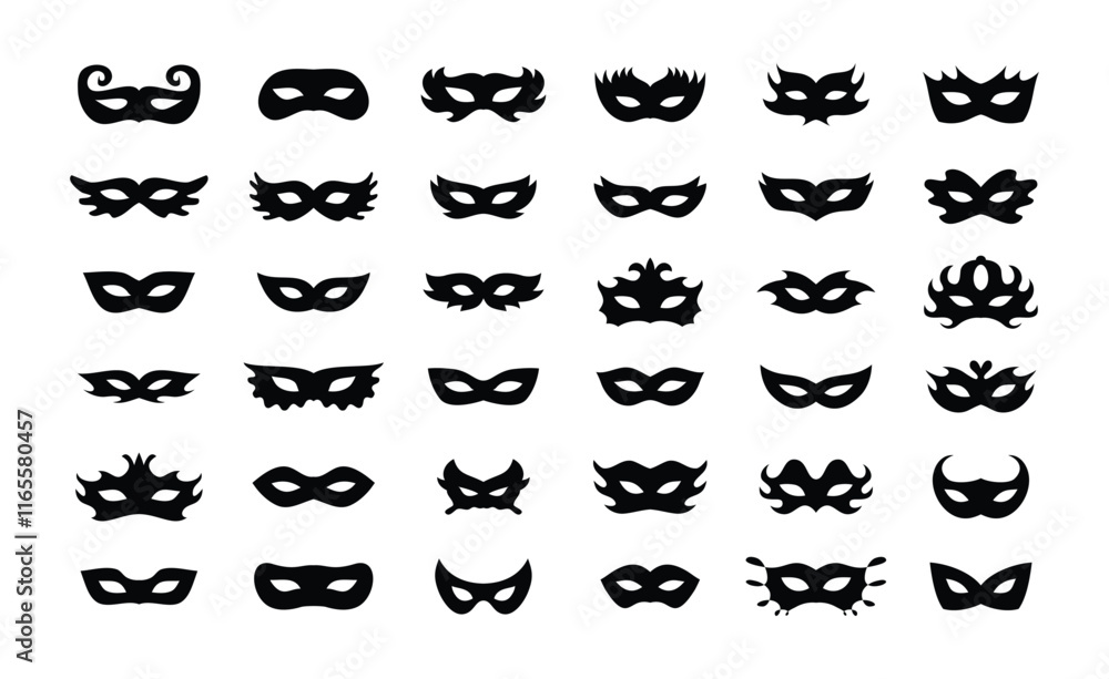 Naklejka premium Carnival masks silhouettes icon set. Simple black icons masquerade mask, for party, parad, carnival, Halloween. Mask elements isolated sign, symbol
