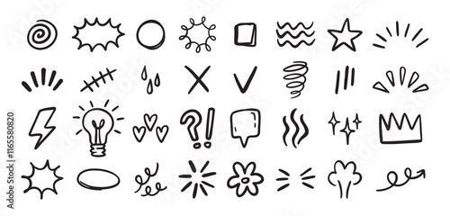 Expression sign hand drawn doodle set for concept design. Expression elements isolated on white background.