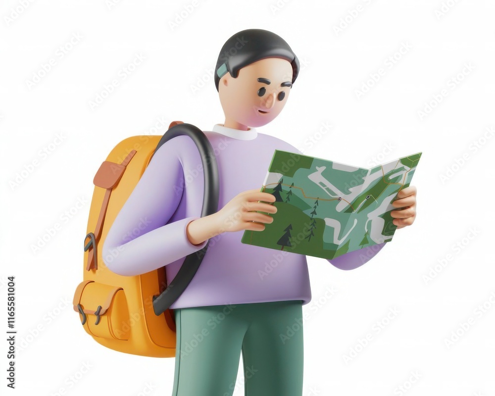 3D Character Exploring with a Map and Backpack on a Light Background 3D Character Exploring with a Map and Backpack on a Light Background