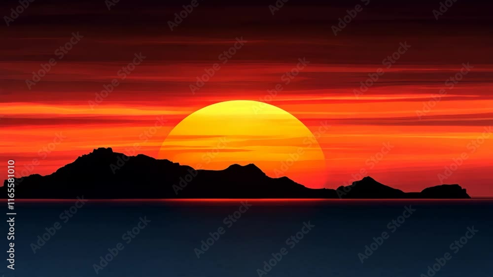 Dramatic sunset over distant islands with vibrant orange and red sky reflecting on calm waters Dramatic sunset over distant islands with vibrant orange and red sky reflecting on calm waters