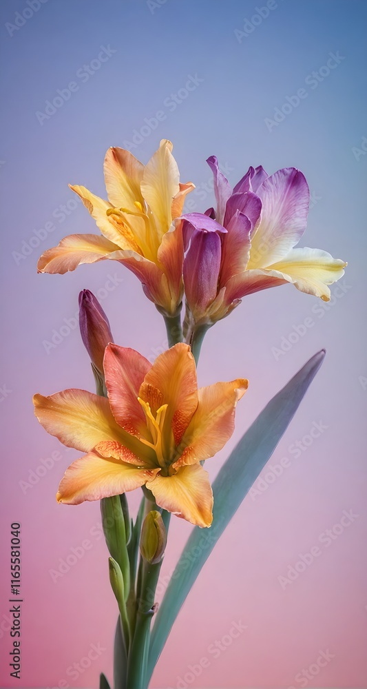 Naklejka premium Three orange and purple flowers in a vase on a table.
