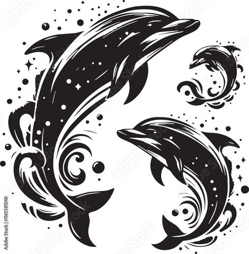 Dolphin Silhouette line art vector illustration on white background