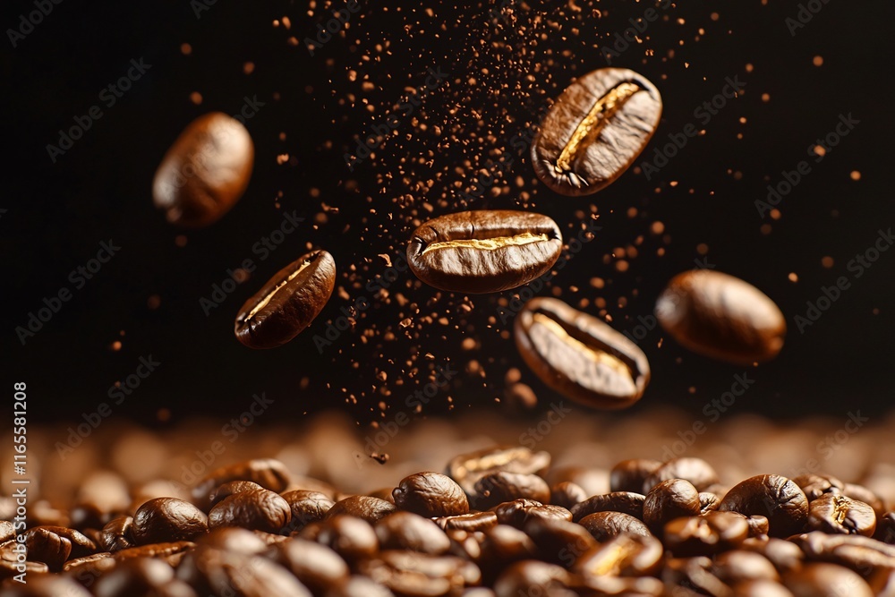 Close up of freshly roasted coffee beans with swirling aroma and texture on dark background Close up of freshly roasted coffee beans with swirling aroma and texture on dark background