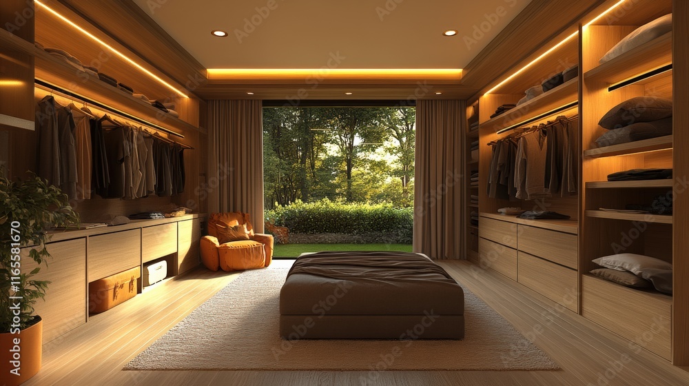 Luxury walk-in closet with statement light fixture indoor space interior design modern environment natural light stylish organization Luxury walk-in closet with statement light fixture indoor space interior design modern environment natural light stylish organization
