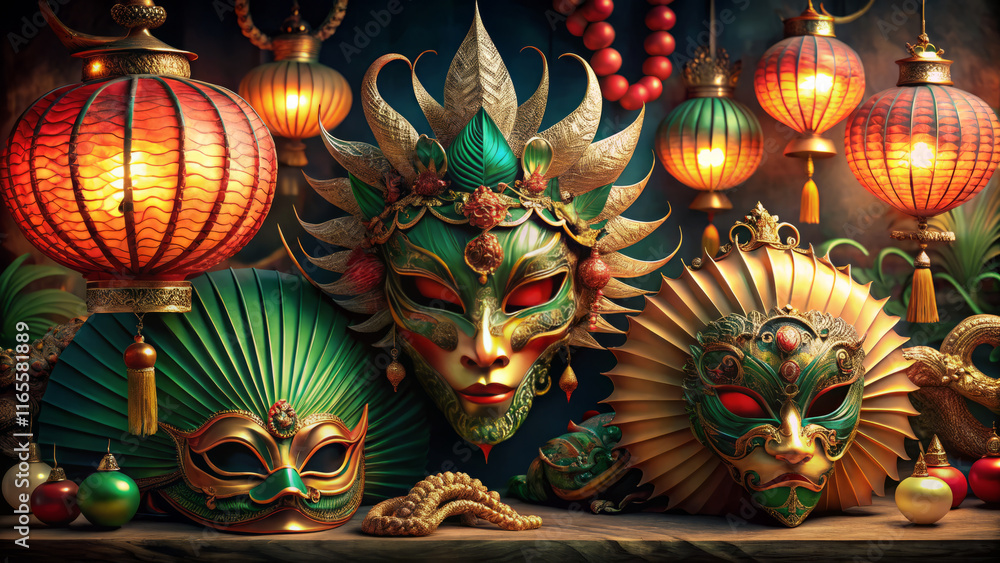 Fototapeta premium Venetian carnival masks with dragon motifs and glowing lanterns in festive setting
