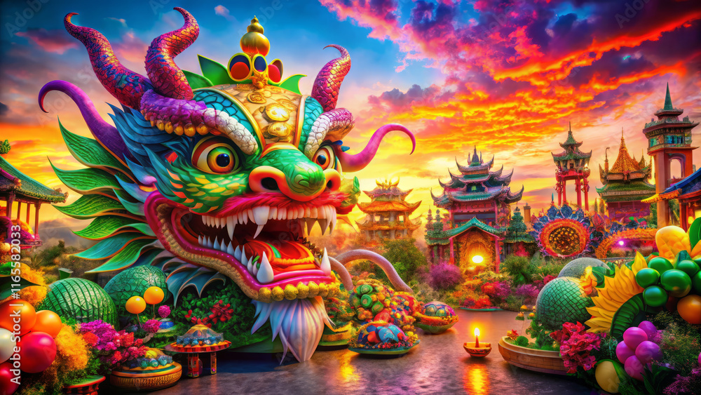 Fototapeta premium vibrant dragon lantern at colorful festival with ornate temples and vivid skies