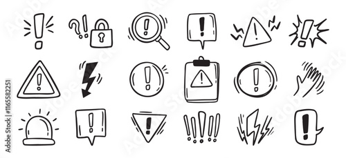 Warnings related hand drawn doodle simple icons set. Vector line drawing warnings related icons.