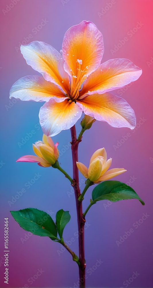 Naklejka premium A single pink and yellow flower with green leaves.