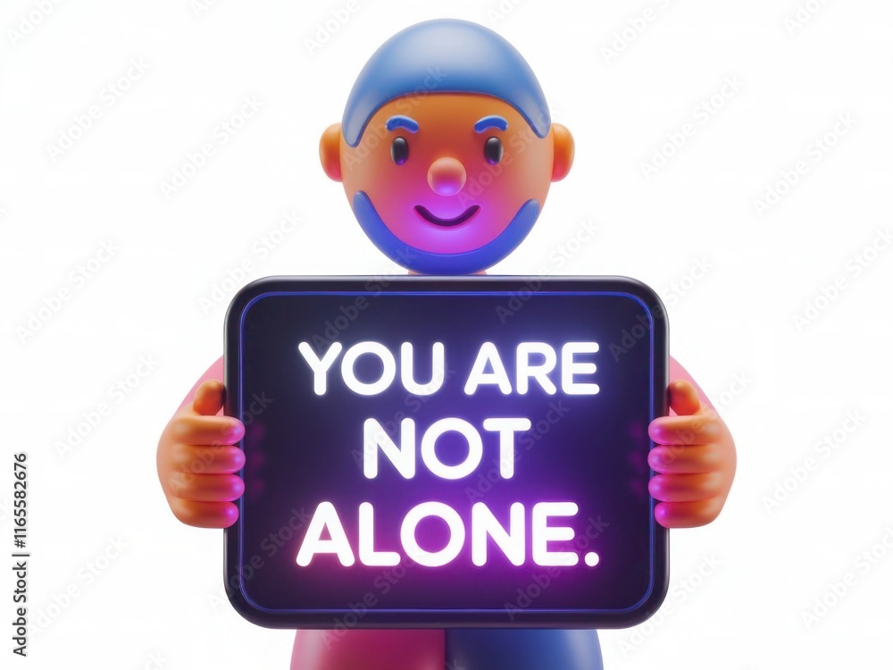 3D Character Cheerfully Holding a Sign that Says 'You Are Not Alone' on a Light Background 3D Character Cheerfully Holding a Sign that Says 'You Are Not Alone' on a Light Background